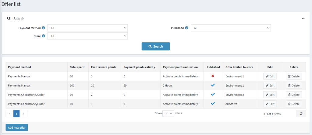 reward point offers on payment method offer list menu item